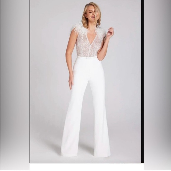 BNWT NADINE MERABI White Feathered Elissa Jumpsuit - Picture 3 of 16